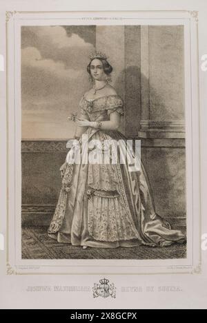 Josephine von Leuchtenberg (1807-1876). Königin von Schweden und Norwegen (1844–1859) als Ehefrau von König Oscar I. (1799–1859). Hochformat. Zeichnung von C. Legrand. Lithographie von J. Donón. Reyes Contemporáneos (Zeitgenössische Könige). Band III. Veröffentlicht in Madrid, 1854. Autor: Julio Donón. Spanischer Künstler, der von 1840 bis 1880 aktiv war. Luis Carlos Legrand (Fl. 1829-1858). Spanischer Zeichner und Lithograf. Stockfoto