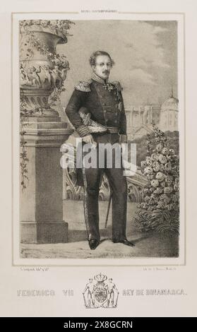 Friedrich VII. Von Dänemark (1808-1863). König von Dänemark (1848-1863). Hochformat. Zeichnung von C. Legrand. Lithographie von J. Donón. Reyes Contemporáneos (Zeitgenössische Könige). Band III. Veröffentlicht in Madrid, 1854. Autor: Julio Donón. Spanischer Künstler, der von 1840 bis 1880 aktiv war. Luis Carlos Legrand (Fl. 1829-1858). Spanischer Zeichner und Lithograf. Stockfoto