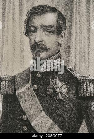 Napoleon III (1808-1873). Präsident der Zweiten Französischen Republik (1848-1852) und späterer Kaiser der Franzosen (1852-1870). Hochformat. Zeichnung von C. Legrand. Lithographie von J. Donón. Details. Reyes Contemporáneos (Zeitgenössische Könige). Band III. Veröffentlicht in Madrid, 1854. Autor: Julio Donón. Spanischer Künstler, der von 1840 bis 1880 aktiv war. Luis Carlos Legrand (Fl. 1829-1858). Spanischer Zeichner und Lithograf. Stockfoto