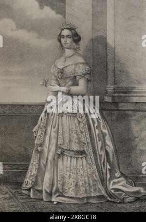 Josephine von Leuchtenberg (1807-1876). Königin von Schweden und Norwegen (1844–1859) als Ehefrau von König Oscar I. (1799–1859). Hochformat. Zeichnung von C. Legrand. Lithographie von J. Donón. Reyes Contemporáneos (Zeitgenössische Könige). Band III. Veröffentlicht in Madrid, 1854. Autor: Julio Donón. Spanischer Künstler, der von 1840 bis 1880 aktiv war. Luis Carlos Legrand (Fl. 1829-1858). Spanischer Zeichner und Lithograf. Stockfoto