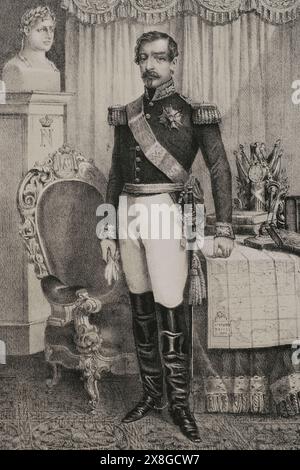 Napoleon III (1808-1873). Präsident der Zweiten Französischen Republik (1848-1852) und späterer Kaiser der Franzosen (1852-1870). Hochformat. Zeichnung von C. Legrand. Lithographie von J. Donón. Reyes Contemporáneos (Zeitgenössische Könige). Band III. Veröffentlicht in Madrid, 1854. Autor: Julio Donón. Spanischer Künstler, der von 1840 bis 1880 aktiv war. Luis Carlos Legrand (Fl. 1829-1858). Spanischer Zeichner und Lithograf. Stockfoto