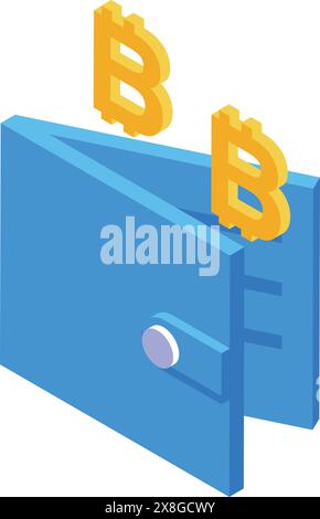 3D-Illustration der isometrischen Bitcoin-Brieftasche mit einem hellen, farbenfrohen und trendigen Grafikdesign für sichere Speicherung von Kryptowährungen und das Konzept der Online-Banking-Technologie Stock Vektor