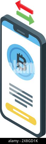 Isometrische Vektorillustration eines Smartphones mit Bitcoin-Symbol und aufwärts gerichteten Pfeilen, die den mobilen Kryptohandel symbolisieren Stock Vektor