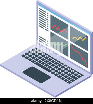 3D-isometrische Abbildung eines Laptops mit farbenfrohen Finanzdiagrammen und Datenanalyse Stock Vektor