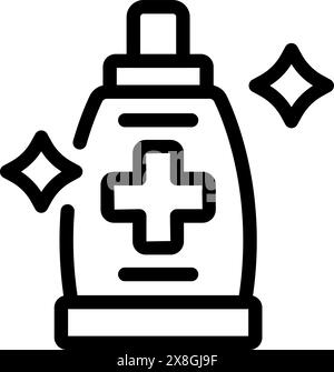 Einfaches Symbol für die Handdesinfektionsflasche mit flacher Grafik in Schwarz und weiß. Mit funkelnden und glänzenden Elementen. Vektorillustration für Hygiene. Hygiene. Sauberkeit. Und Keimschutz. Gesundheitswesen Stock Vektor