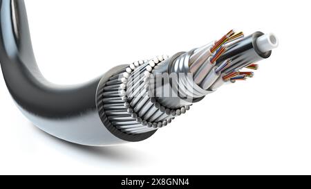 Gepanzerte Glasfaserkabelstruktur isoliert auf weißem Hintergrund. 3D-Abbildung Stockfoto