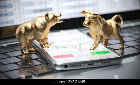 Golden Bull and Bear als Symbole der Börse auf einem Smartphone mit Börsendaten-Anwendung auf dem Bildschirm. 3D Abbildung Stockfoto