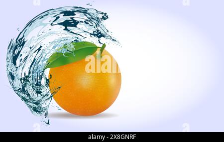 Orange mit einem Blatt unter Wasserspritzern auf hellem Hintergrund mit Kopierraum. Vektorabbildung. Stock Vektor