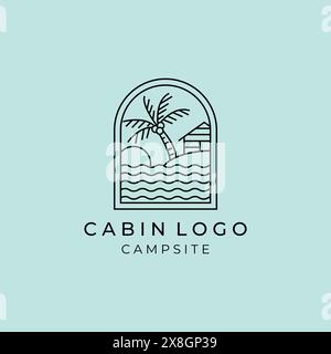 Cottage oder Cabin Line Art einfaches minimalistisches Vektor-Logo-Illustrationsdesign. Badge Cottage am Strand und Palmen Familiencamp Linie Kunst minimalistisch Stock Vektor