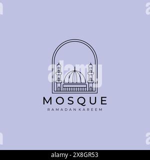 Minimalistisches Etikett der Moschee Moslem Line Art Vektor Logo, Illustration Design des Ramadan Mubarak islamischen Konzepts Stock Vektor