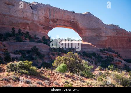 Wilson Arch liegt direkt neben dem U.S. Highway 191 südlich von Moab in Utah. Stockfoto