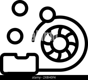 Minimalistisches Schwarz-weiß-Symbol für die Effizienzlinie der Turbine mit dynamischer Bewegung und Luftstrom. Repräsentiert moderne umweltfreundliche Energieerzeugung und nachhaltige Technologien Stock Vektor