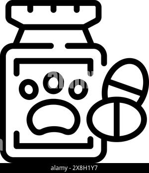 Schwarze Linie Symbol mit einer Flasche für Tierarzneimittel neben einer Pille, die die Gesundheit von Haustieren darstellt Stock Vektor