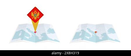 Zwei Versionen einer gefalteten montenegrinischen Karte, eine mit einer angehefteten Landesflagge und eine mit einer Flagge in der Kartenkontur. Vorlage für Print und Online DE Stock Vektor