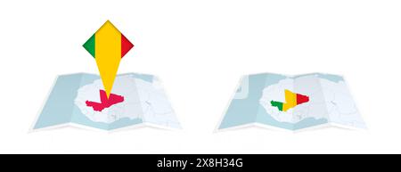Zwei Versionen einer gefalteten Mali-Karte, eine mit einer festgesteckten Landesflagge und eine mit einer Flagge in der Kartenkontur. Vorlage für Print- und Online-Design. Stock Vektor