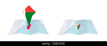 Zwei Versionen einer gefalteten Karte Madagaskars, eine mit einer festgehaltenen Landesflagge und eine mit einer Flagge in der Kartenkontur. Vorlage für Print und Online DE Stock Vektor