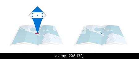 Zwei Versionen einer gefalteten Honduras-Karte, eine mit einer festgehaltenen Landesflagge und eine mit einer Flagge in der Kartenkontur. Vorlage für Print- und Online-Desi Stock Vektor