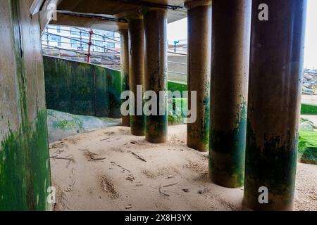 Blick unter dem Pier mit Betonpfosten, die mit grünen Algen bedeckt sind, auf einen Sandstrand, was eine rustikale Küstenatmosphäre schafft Stockfoto