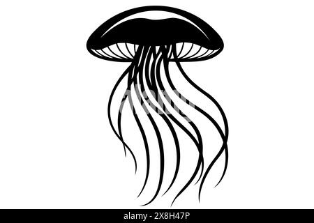 Schwarze Silhouette von Quallen mit fließenden Tentakeln. Ozeanische medusa. Das Konzept des Meerestiers, der Meeresbewohner. Grafische Abbildung. Druck, Symbol, Logo, Element für Design. Isoliert auf weißem Hintergrund Stock Vektor