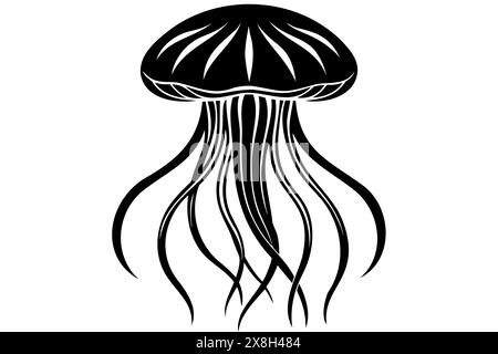 Schwarze Silhouette von Quallen mit fließenden Tentakeln. Ozeanische medusa. Das Konzept des Meerestiers, der Meeresbewohner. Grafische Abbildung. Druck, Symbol, Logo, Element für Design. Isoliert auf weißem Hintergrund Stock Vektor