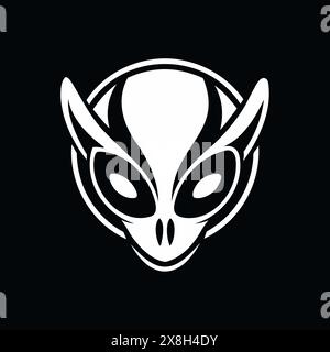 Weiße Silhouette des fremden Kopfes isoliert auf schwarzem Hintergrund. Humanoid. Das Konzept des außerirdischen, Sci-fi-Designs, des Raumbildes. Grafik. Symbol, Druck, Piktogramm, Logo, Designelement Stock Vektor