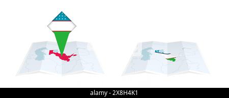 Zwei Versionen einer gefalteten Karte Usbekistans, eine mit einer angepinnten Landesflagge und eine mit einer Flagge in der Kartenkontur. Vorlage für Print und Online DE Stock Vektor