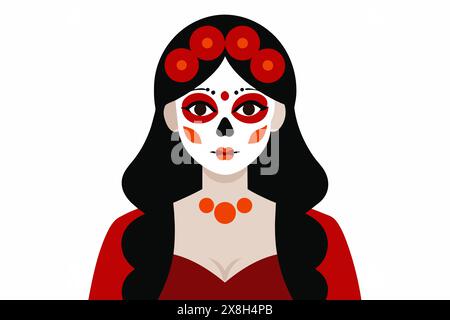 Frau mit Tag der Toten Make-up und Blumen. Weiblich mit Sugar Skull Gesichtsfarbe. Isoliert auf weißem Hintergrund. Konzept von Dia de los Muertos, kulturelle Tradition, festliches Make-up, Feier, Halloween Stock Vektor