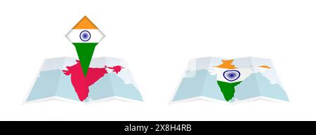Zwei Versionen einer gefalteten Indien-Karte, eine mit einer angehefteten Landesflagge und eine mit einer Flagge in der Kartenkontur. Vorlage für Print- und Online-Design. Stock Vektor