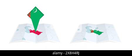 Zwei Versionen einer gefalteten Karte Turkmenistans, eine mit einer angepinnten Landesflagge und eine mit einer Flagge in der Kartenkontur. Vorlage für Print und Online Stock Vektor