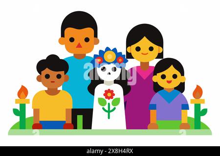 Familie feiert den Tag der Toten mit einem Altar und Schädel. Isoliert auf weiß. Konzept von Dia de los Muertos, Familientradition, kulturelle Feier, mexikanische Tradition, Halloween Stock Vektor