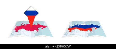 Zwei Versionen einer gefalteten Russland-Karte, eine mit einer festgehaltenen Landesflagge und eine mit einer Flagge in der Kartenkontur. Vorlage für Print- und Online-Design Stock Vektor