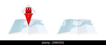 Zwei Versionen einer gefalteten Karte von Gibraltar, eine mit einer festgesteckten Landesflagge und eine mit einer Flagge in der Kartenkontur. Vorlage für Print- und Online-des Stock Vektor