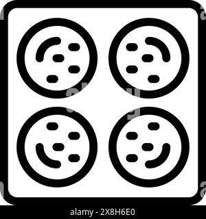 Einfaches Schwarzweiß-Vektorbild von vier stilisierten Cookie-Symbolen in einem quadratischen Layout Stock Vektor