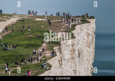 Birling Gap, Eastbourne, East Sussex, Großbritannien. Mai 2024. Besucher drängen sich zu der herrlichen Stätte auf dem South Downs Way, viele treffen sich auf den Klippen oberhalb von Birling Gap, einige scheinen sich der Fragilität und Unterschneidung der Kreide nicht bewusst zu sein. Warnschilder sind sehr spärlich und wurden seit einigen Jahren nicht mehr aktualisiert. Ein Sicherheitsseil vom Beachy Head zum Leuchtturm von Belle Tout, das effektiv zu sein scheint, geht nicht weiter bis nach Birling Gap. Quelle: David Burr/Alamy Live News Stockfoto