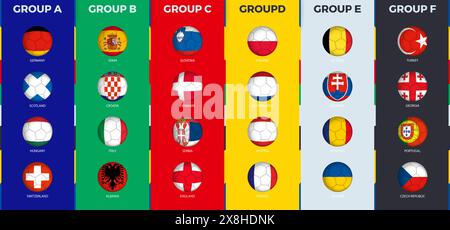 Fußball 2024 Turnierflagge gesetzt, Flaggen im Stil eines Fußballballs. Vektor-Länderflagge gesetzt. Stock Vektor