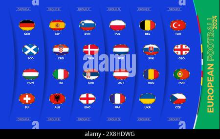 Alle Flaggen sortiert nach Gruppen, Fußballnationalmannschaften nehmen an europäischen Fußballturnieren in Deutschland Teil. Flag gesetzt. Stock Vektor