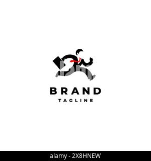 Creative Running Office Worker Silhouette Logo Design. Einfaches Zeichentrickdesign von Büroangestellten, die beim Tragen des Koffers eine rote Krawatte tragen. Stock Vektor