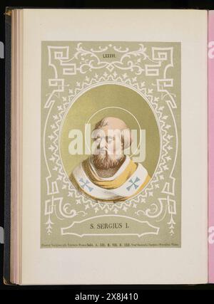 Ein Gravur von Papst Sergius I. aus dem Jahr 1879, der von 687 bis 701 päpstlich war. Er war der 84. Papst. Stockfoto