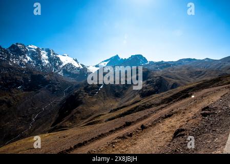 Panorama von Gipfeln und Tälern mit Plateaus blauem Himmel und weißen Wolken im Hintergrund Gletscher in den Anden von Peru nahe Ausangate in der Nähe von Ausangate Stockfoto