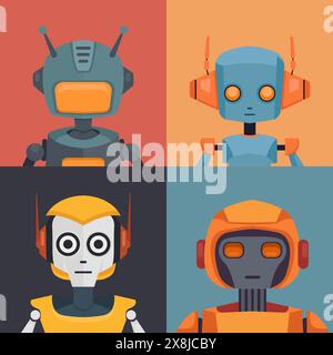 Vektorsatz von Porträts verschiedener Roboter. Sammlung von android-Maskottchen. Flache Illustrationen von kindlichem Cyborg-Spielzeug für Ikone und Ihr Design Stock Vektor