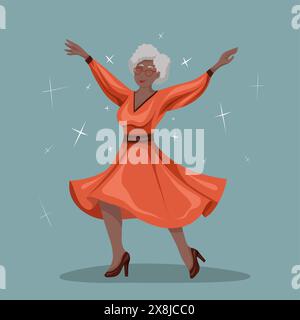 Fröhliche alte Schwarze, die in einem Kleid tanzt. Aktives Altern. Vektor-flache Illustration der glücklichen schönen älteren afrikanischen Frau in rotem Kleid Stock Vektor