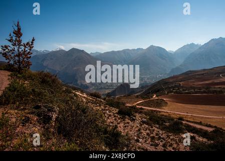 Wunderschöne Panoramen der Ebenen und Hochebenen zwischen Berggipfeln und Tälern, die in Stufen für die Landwirtschaft in der östlichen Kordillera in Peru gearbeitet wurden Stockfoto