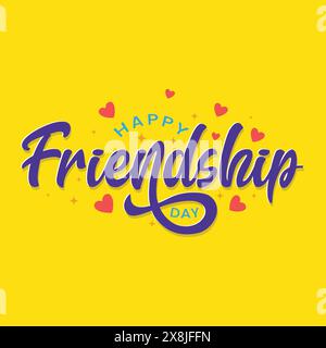 Happy Friendship Day Handschrift Grußkarte mit Herzen und Sternen auf gelbem Hintergrund. Schöner Text für den Tag der Freundschaft. Banner, Poster Stock Vektor