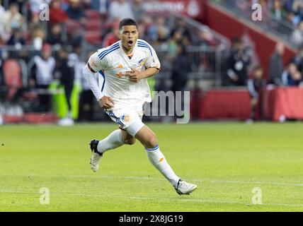 Toronto, Kanada. Mai 2024. Kevin Kelsy vom FC Cincinnati feiert das Tor beim Spiel der Major League Soccer (MLS) 2024 zwischen Toronto FC und FC Cincinnati auf dem BMO Field in Toronto, Kanada, am 25. Mai 2024. Quelle: Zou Zheng/Xinhua/Alamy Live News Stockfoto