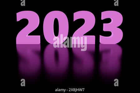 Kleine Symbole, die 2023 Weihnachtsstimmungszeichen 2023 auf hellem Hintergrund zeigen. Leerer Bereich. Modernes Minimal New Year Concept 3D-Rendering-Illustration Stockfoto