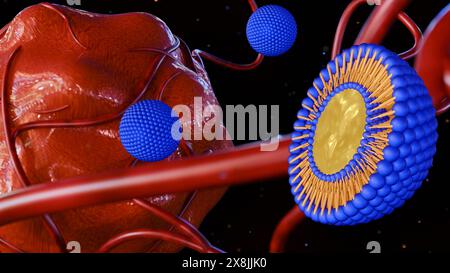 3D-Rendering des schwimmenden Liposoms zielt auf Krebszellen im Körper ab Stockfoto