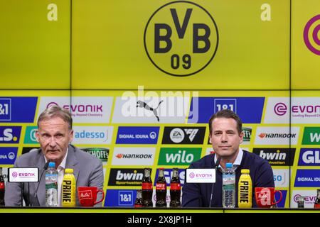 Dortmund, Deutschland. Mai 2024. firo: 15.05.2024, Fußball, 1.Liga, 1.Bundesliga, Saison 2023/2024, BVB, Borussia Dortmund, PK, Pressekonferenz, Präsentation von Lars Ricken, Lars Ricken, Geschäftsführer Sport rechts und Hans-Joachim Watzke, Vorsitzender des Vorstands Credit: dpa/Alamy Live News Stockfoto