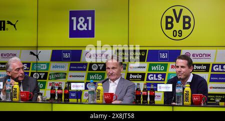 Dortmund, Deutschland. Mai 2024. firo: 15.05.2024, Fußball, 1. Liga, 1. Bundesliga, Saison 2023/2024, BVB, Borussia Dortmund, PK, Pressekonferenz, Präsentation von Lars Ricken, Lars Ricken, Geschäftsführer Sport, BVB, rechts mit Hans-Joachim Watzke, Vorsitzender des Vorstands, links Präsident Reinhold Lunow Credit: dpa/Alamy Live News Stockfoto