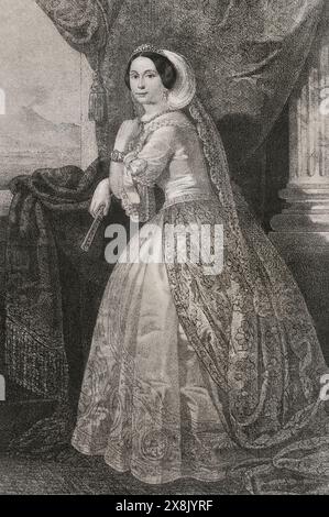 Maria Theresia von Österreich (1816-1867). Erzherzogin von Österreich. Königin der beiden Sizilien (1837–1859) durch ihre Heirat 1837 mit König Ferdinand II. Von den beiden Sizilien (1810–1859), dessen zweite Frau sie war. Hochformat. Zeichnung von B. Blanco. Lithographie von J. Donón. Reyes Contemporáneos (Zeitgenössische Könige). Band III. Veröffentlicht in Madrid, 1854. Autor: Julio Donón. Spanischer Künstler, der von 1840 bis 1880 aktiv war. Bernardo Blanco (1828-1876). Spanischer Maler und Lithograf. Stockfoto