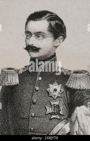 Adolphe (1817-1905). Herzog von Nassau (1839-1866) und Großherzog von Luxemburg (1890-1905). Porträt als Herzog von Nassau. Zeichnung von J. Vallejo. Lithographie von J. Donón. Details. Reyes Contemporáneos (Zeitgenössische Könige). Band III. Veröffentlicht in Madrid, 1854. Autor: José Vallejo (1821-1882). Spanische Illustratorin. Julio Donón. Spanischer Künstler, der von 1840 bis 1880 aktiv war. Stockfoto